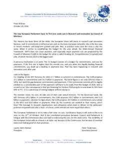 European Association for the Advancement of Science and Technology Association Européenne pour la Promotion de la Science et de la Technologie Press Release October 10, 2014