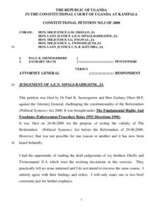 THE REPUBLIC OF UGANDA IN THE CONSTITUTIONAL COURT OF UGANDA AT KAMPALA CONSTITUTIONAL PETITION NO.3 OF 2000 CORAM:  10