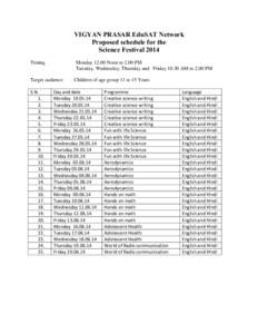 VIGYAN PRASAR EduSAT Network Proposed schedule for the Science Festival 2014 Timing  MondayNoon to 2.00 PM