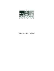 2002 GRANTS LIST  A list of grants made by the Mertz Gilmore Foundation in 2002 follows. Grant listings in italics indicate project support. All other grants are for general support for the organization or a program of 