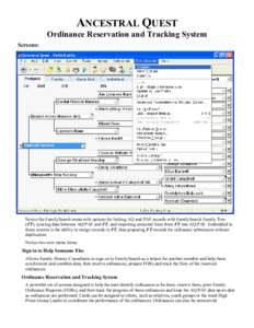 ANCESTRAL QUEST Ordinance Reservation and Tracking System Screens: Notice the FamilySearch menu with options for linking AQ and PAF records with FamilySearch Family Tree (FT), syncing data between AQ/PAF and FT, and impo