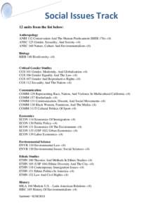 Social Issues Track 12 units from the list below: Anthropology ANBI 132 Conservation And The Human Predicament (BIEBANSC 125 Gender, Sexuality, And Society--(4) ANSC 160 Nature, Culture And Environmentalism--(