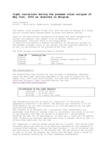 Light variations during the predawn solar eclipse of May 31st, 2003 as observed in Belgium Felix Verbelen © [removed]Mira Public Observatory, Grimbergen (Belgium)  The annular solar eclipse of May 31st, 2003 was seen in B