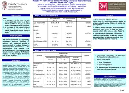 Hospital Pre-notification of Stroke Patients by Emergency Medical Services Improves Stroke Time Targets James S. McKinney MD1, Judith Lane BSN2, Virginia Roberts BSN2, Win Toe MD1, Pamela Ohman-Strickland PhD3, Mark A. M