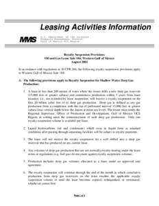 Leasing Activities Information U.S. Department of the Interior Minerals Management Service Gulf of Mexico OCS Region  Royalty Suspension Provisions