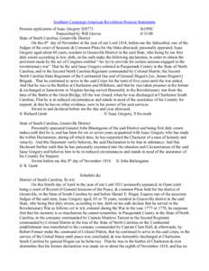 Southern Campaign American Revolution Pension Statements Pension application of Isaac Gregory S38771 fn19NC Transcribed by Will Graves[removed]State of South Carolina, Greenville District