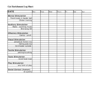 Cat Enrichment Log Sheet DATE Mental Stimulation Food/treats in feeder ball Clicker training Auditory Stimulation