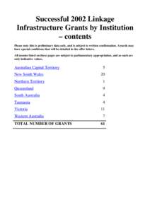 Successful 2002 Linkage Infrastructure Grants by Institution – contents Please note this is preliminary data only, and is subject to written confirmation. Awards may have special conditions that will be detailed in the