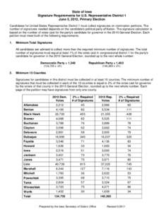 State of Iowa Signature Requirements for U.S. Representative District 1 June 5, 2012, Primary Election Candidates for United States Representative District 1 must collect signatures on nomination petitions. The number of