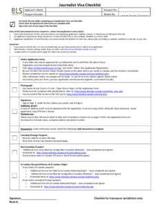 Journalist Visa Checklist Appli a t s Na e Passport No.  Passport Number