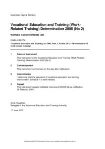 Australian Capital Territory  Vocational Education and Training (WorkRelated Training) Determination[removed]No 2) Notifiable instrument NI2005–220 made under the Vocational Education and Training Act 2003, Part 3, Secti