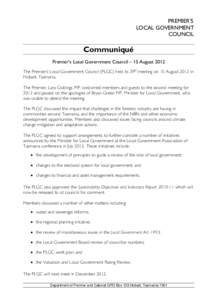 PREMIER’S LOCAL GOVERNMENT COUNCIL Communiqué Premier’s Local Government Council – 15 August 2012