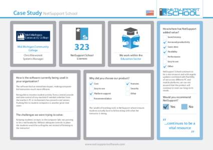 Case Study NetSupport School How/where has NetSupport added value? Saved money  Mid Michigan Community