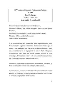 19ème session de l’Assemblée Parlementaire Paritaire ACP-UE Tenerife, Espagne 29 mars – 1er avril 2010 Louis Michel, Co-président UE