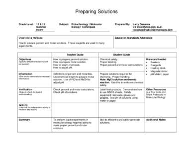 Preparing Solutions Grade Level: 11 & 12 Summer Intern