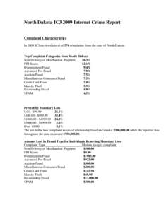 North Dakota IC3 2009 Internet Crime Report Complaint Characteristics In 2009 IC3 received a total of 374 complaints from the state of North Dakota. Top Complaint Categories from North Dakota Non Delivery of Merchandise 