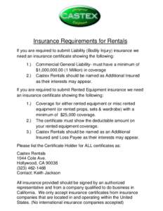 Insurance Requirements for Rentals If you are required to submit Liability (Bodily Injury) insurance we need an insurance certificate showing the following: 1.) 2.)