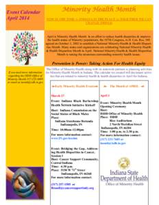 Event Calendar April 2014 Minority Health Month NOW IS THE TIME  INDIANA IS THE PLACE  TOGETHER WE CAN CHANGE THINGS