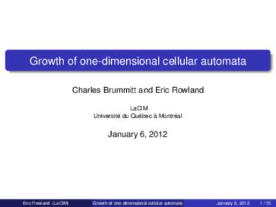 Growth of one-dimensional cellular automata Charles Brummitt and Eric Rowland LaCIM Université du Québec à Montréal  January 6, 2012