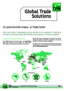 Global Trade Solutions Un point d’entrée unique : le Trade Center Selon votre taille, l’implantation de vos activités et vos objectifs en matière de commerce international, BGL BNP Paribas vous propose les solutio