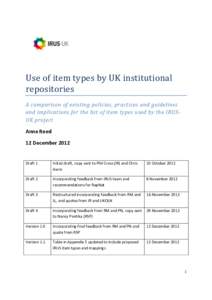 Use of item types by UK institutional repositories – Report of a study of existing policies and guidelines and implications for the list of item types used by the IRUS-UK project