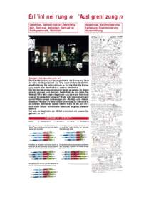 Er|’in|ne|rung n ’Aus|gren|zung n Gedenken, Gedächtniskraft, Merkfähigkeit, Denkmal, Andenken, Denkzettel, Nachgeschmack, Rückblick Ausschluss, Marginalisierung, Isolierung, Diskriminierung,