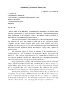 Letterhead of City University of Hong Kong LC Paper No. CB[removed]February 00 The Honourable Christine Loh Chair, Legislative Council Panel on Environmental Affairs Room 429, West Wing
