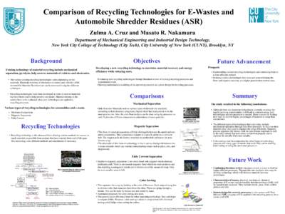 Comparison of Recycling Technologies for E-Wastes and Automobile Shredder Residues (ASR) Zulma A. Cruz and Masato R. Nakamura Department of Mechanical Engineering and Industrial Design Technology, New York City College o