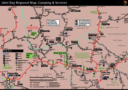 John Day Regional Map: Camping & Services To I-84 and Biggs, OR To Cottonwood Canyon State Park and Wasco