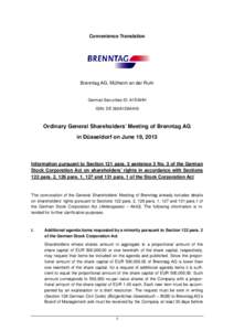Convenience Translation  Brenntag AG, Mülheim an der Ruhr German Securities ID: A1DAHH ISIN: DE 000A1DAHH0