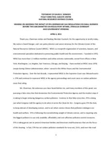 TESTIMONY OF DAVID D. DONIGER POLICY DIRECTOR, CLIMATE CENTER NATURAL RESOURCES DEFENSE COUNCIL HEARING ON ASSESSING THE IMPACT OF EPA GREENHOUSE GAS REGULATIONS ON SMALL BUSINESS BEFORE THE SUBCOMMITTEE ON REGULATORY AF