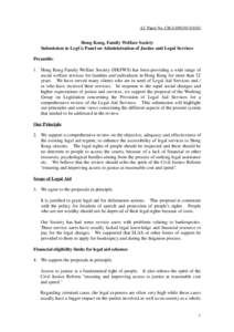 LC Paper No. CB[removed])  Hong Kong, Family Welfare Society Submission to LegCo Panel on Administration of Justice and Legal Services Preamble: 1. Hong Kong Family Welfare Society (HKFWS) has been providing a wid