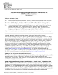 Telecommunications Installations & SHSI Review under Section 106 FCC Project Documentation Memorandum Effective December 1, 2005 To: