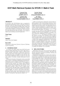 Proceedings of the 11th NTCIR Conference, December 9-12, 2014, Tokyo, Japan  ICST Math Retrieval System for NTCIR-11 Math-2 Task Liangcai Gao  Yuehan Wang