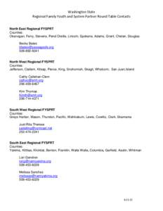 Washington State Regional Family Youth and System Partner Round Table Contacts North East Regional FYSPRT Counties: Okanogan, Ferry, Stevens, Pend Oreille, Lincoln, Spokane, Adams, Grant, Chelan, Douglas Becky Bates