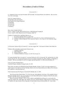 Descendants of Andrew B. Roan  Generation No[removed]ANDREW B.1 ROAN was born November 1839 in Ireland. He married MARY ELIZA BODTLE. She was born Abt[removed]in Germany. Notes for ANDREW B. ROAN: