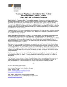 Vancouver Playhouse International Wine Festival Bacchanalia Gala Dinner + Auction raises $447,000 for Theatre Company March 29, 2007 – Vancouver, B.C. (For immediate release) – A special pre-recorded message from two