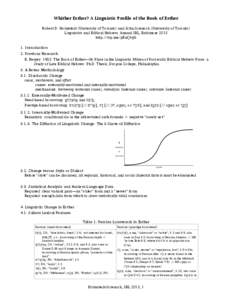 Whither Esther? A Linguistic Profile of the Book of Esther Robert D. Holmstedt (University of Toronto) and John Screnock (University of Toronto) Linguistics and Biblical Hebrew, Annual SBL, Baltimore 2013 http://wp.me/pR