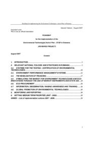 Roadmap for implementing the Environment Technologies Action Plan in Romania  Second Version - August 2007 Important note: This is not an official translation. ROADMAP