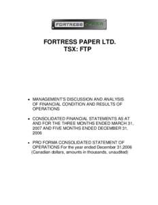 FORTRESS PAPER LTD. TSX: FTP • MANAGEMENT’S DISCUSSION AND ANALYSIS OF FINANCIAL CONDITION AND RESULTS OF OPERATIONS