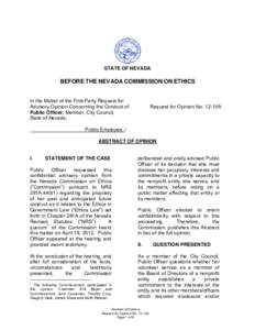 STATE OF NEVADA  BEFORE THE NEVADA COMMISSION ON ETHICS In the Matter of the First-Party Request for Advisory Opinion Concerning the Conduct of Public Officer, Member, City Council,