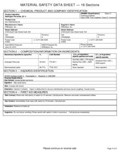 MATERIAL SAFETY DATA SHEET — 16 Sections SECTION 1 — CHEMICAL PRODUCT AND COMPANY IDENTIFICATION [WHMIS Classification] Class C: Oxidizing material; Class D2B: Toxic material; Class E: Corrosive