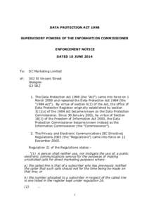 DATA PROTECTION ACT 1998 SUPERVISORY POWERS OF THE INFORMATION COMMISSIONER ENFORCEMENT NOTICE DATED 10 JUNE[removed]To: