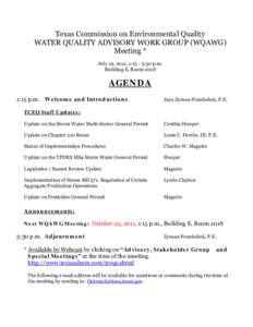 Texas Commission on Environmental Quality WATER QUALITY ADVISORY WORK GROUP (WQAWG) Meeting * July 19, 2011, 1:15 - 3:30 p.m. Building E, Room 201S