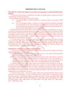 PROPOSED NEW LANGUAGE NRS 200.XXX Unlicensed health care procedure causing death or substantial bodily harm; penalties. 1. Any person who performs a health care procedure on another person without any license required un