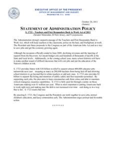 Statement of Administration Policy on S. 1723 – Teachers and First Responders Back to Work Act of 2011