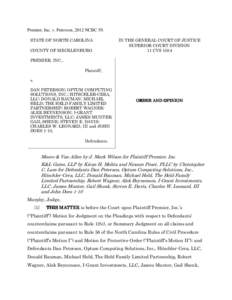 Premier, Inc. v. Peterson, 2012 NCBC 59. STATE OF NORTH CAROLINA COUNTY OF MECKLENBURG IN THE GENERAL COURT OF JUSTICE SUPERIOR COURT DIVISION