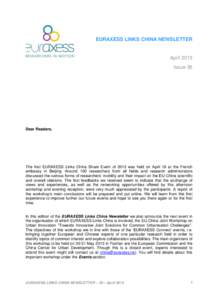 EURAXESS LINKS CHINA NEWSLETTER  April 2013 Issue 36  Dear Readers,