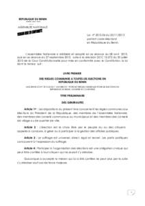 REPUBLIQUE DU BENIN FRATERNITE – JUSTICE - TRAVAIL ----ASSEMBLEE NATIONALE Loi n° duportant code électoral