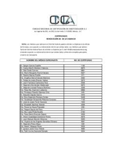 CONSEJO NACIONAL DE CERTIFICACIÓN EN ANESTESIOLOGÍA A.C Av.Eugenia No.831, Int.302, Col.del Valle, C.P.03100, México, .D.F CERTIFICADOS RENOVACIÓN DE DE LA VIGENCIA NOTA: Los médicos que radican en el Distrito Fede